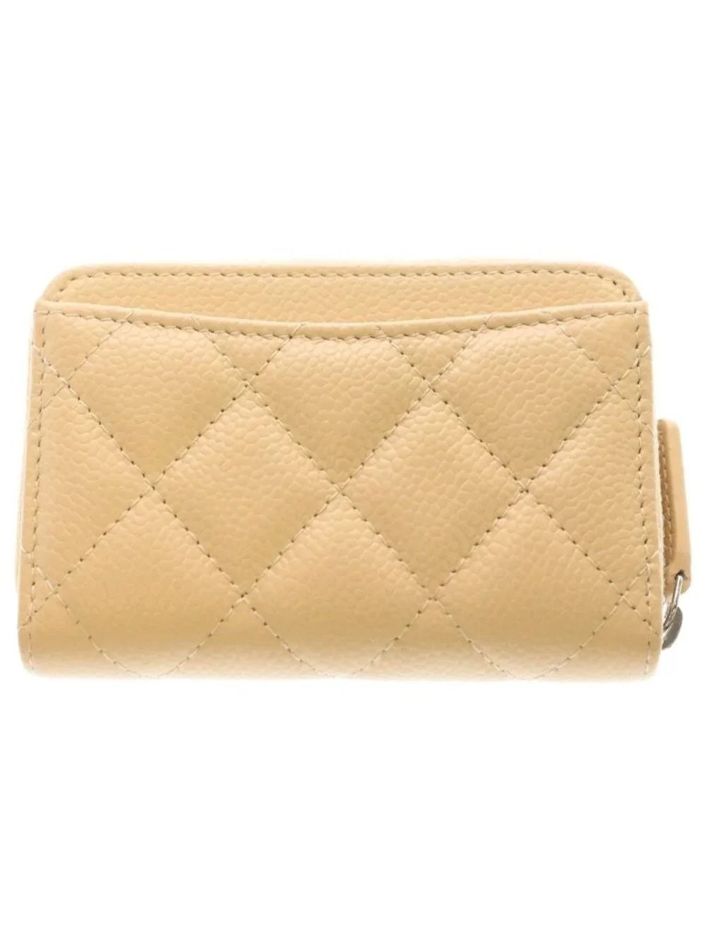 Chanel Quilted Classic Zip Coin Case Mini Wallet Beige Caviar Leather Silver